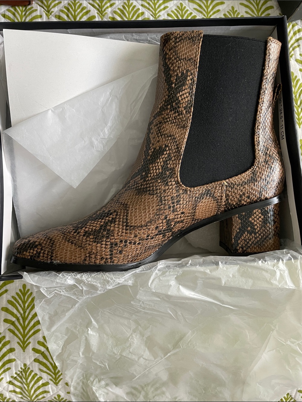 Brand New in Box- French Connection Brown Snake-Print Chelsea Block Heel Boots